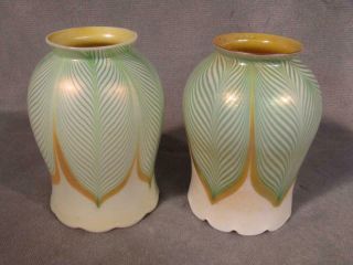 Pair Antique Quezal Art Glass Pulled Feather 5 " Lamp Shades