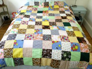 Vintage 1960s - 1970s Handmade Patchwork Quilt Top Only - Queen Size,  Multi - Color
