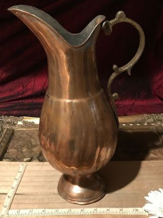 Antique Vintage Large Copper Footed Pitcher Vase W/ Brass Handle 13 1/2 " X7 3/4 "