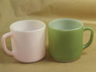 2 Vintage Federal Glass Retro Pastel Pink & Green Coffee Cups Mugs Heat Proof