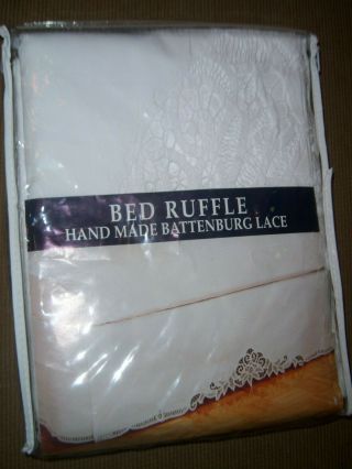 Vtg Hand Made Battenburg Lace Queen Bed Skirt Dust Ruffle White Cotton 60x80