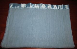 Vintage CHATHAM Blue Thermal Woven Acrylic Blanket Binding Twin Size 66x90 2