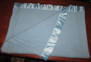 Vintage CHATHAM Blue Thermal Woven Acrylic Blanket Binding Twin Size 66x90 5