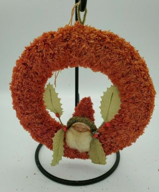 Antique German Chenille 7 " Wreath With Celluloid Santa Face And Holly Leaves.