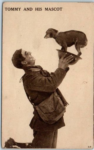 Vintage 1910s Wwi British Army Postcard " Tommy & His Mascot " Soldier W/ Dog