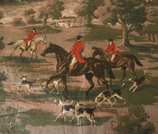Vintage Upholstery Fabric Remnant English Hunting Scene Horses Dogs Figural 30 "