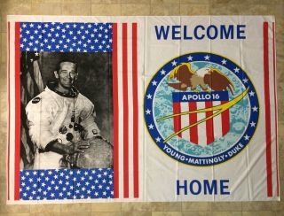1972 Welcome Home Apollo 16 Banner Nasa Astronaut Charles Duke & Lovell Signed