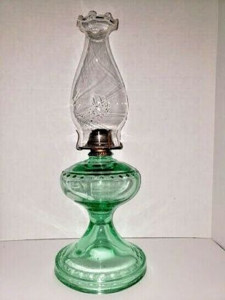 Green Vaseline Type Depression Glass Kerosene Lamp With Clear Globe