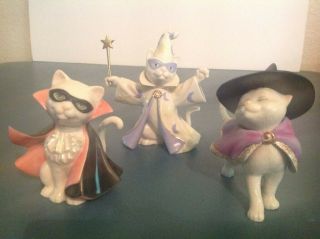 3 Lenox Halloween Cat Figurines - Witch - Sorcerer - Vampire About 4 " - 5 " Tall