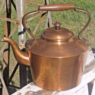 Antique / Vintage Large Size Solid Copper Coffee Pot 9 " Tall Brass Wood Handle