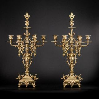 Candelabra Pair | Two French Candle Holders | 2 Gothic Gilded Bronze Gilt | 24 "