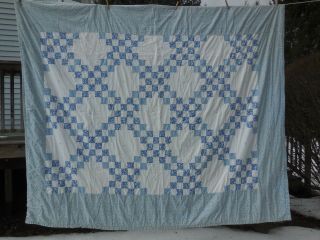 Quilt Vintage,  Blue And White,  Floral And Solid,  73 " X 94 "