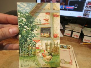 Vintage Old Antique Victorian Era Postcard Happy Easter Chicks Hen House Coop