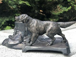 Antique Pewter Hunting Dog With Inkwell