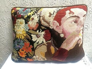 Large Unique Vintage Mid Century Needlepoint Pillow Woman’s Face & Flowers