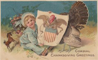 Thanksgiving Greetings,  Pu - 1909; Little Boy,  Toy Rolling Horse & A Turkey
