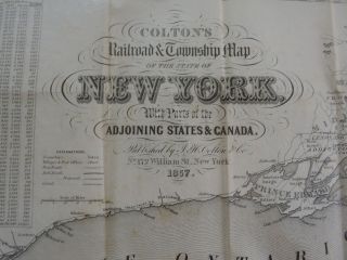 Orig 1857 26 x 29 Colton ' s Rilroad & Town Map of York NY State Pocket 3