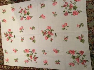 Vintage Linen Fruit All Over Print Tablecloth White Grapes Peaches Berries 64 48