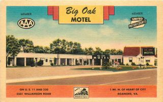 Vintage Linen Postcard Big Oak Motel Us 11 & 220 Roanoke Va Unposted