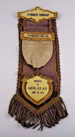 Plymouth Township Fire Co.  Guests Of Geo.  Clay 1914 Pin Pinback Ribbon