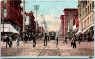 Butte,  Montana Postcard Main Street Downtown Scene W/ Trolley 1908 Mitchell
