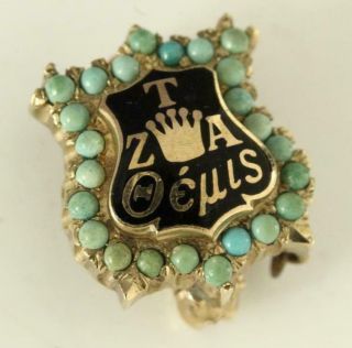 Fine Estate Jewelry Zeta Tau Alpha Sorority Badge Lapel Pin 10kt Gold Turquoise