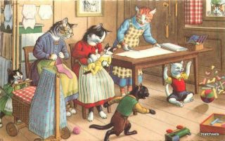 Interior Dressed Cats Mom & Children Mainzer Postcard 1425