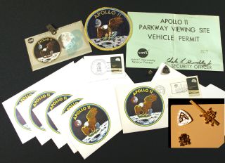Vintage Apollo 11,  Launch Spectator Badge,  Permit,  Postmarks,  Pins,  Patch