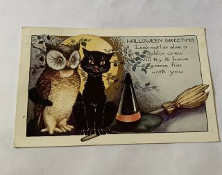 Vintage Halloween Postcard - Whitney Made - Black Cat,  Owl,  Witch Hat,  Broom