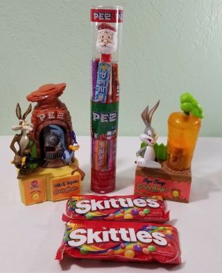 Wile E Coyote Pez Candy Hander & Bugs Bunny Skittles Candy Hander Plus Candy