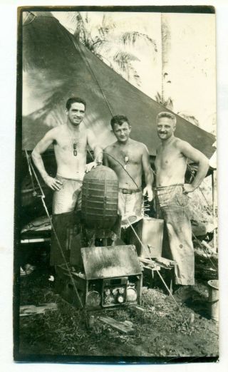 Vintage Ww2 Photo Smiling Shirtless Soldiers With Homemade Moonshine Still