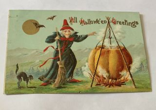 Vintage 1909 Halloween Postcard - Scary Witch,  Pumpkin Cauldron,  Black Cat