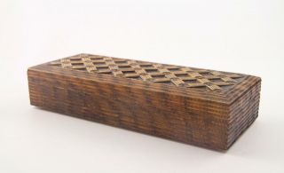 Vintage Carved Wood Pyrography Jewelry Trinket Box Lattice Work Made In Poland