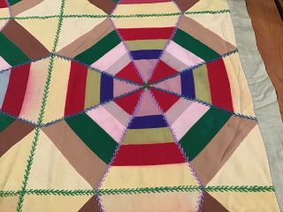 Antique/Vintage Crazy Quilt.  Pin Wheel.  Feather Stitched 3