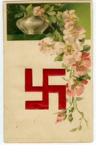 C1910 Greeting Card With Swastika In Crimson Silk