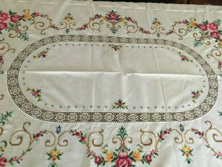 Vtg Embroidered Cross Stitch Floral Rose & Crochet Lace Rectangle Tablecloth