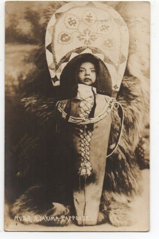 1916 Rppc Postcard Of A Yakima Indian Child In An Ornate Yakima Papoose