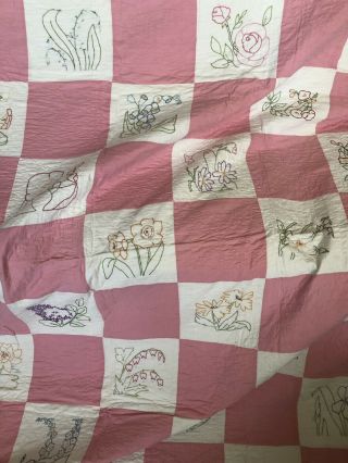 Vtg Handmade Embroidered Cottage Floral Quilt Pink White Squares Scallop Edge