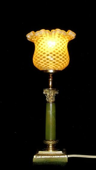 Louis XVI gilt BRONZE ONYX Corinthian Table LAMP w.  OPALINE VASELINE Glass SHADE 12