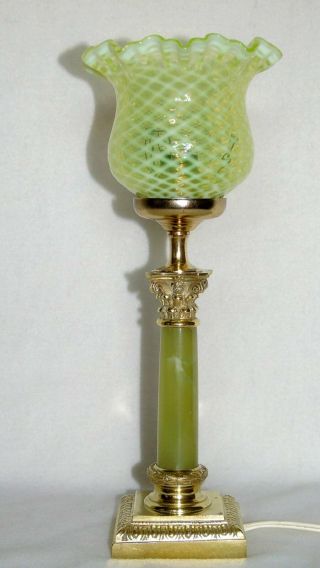 Louis Xvi Gilt Bronze Onyx Corinthian Table Lamp W.  Opaline Vaseline Glass Shade