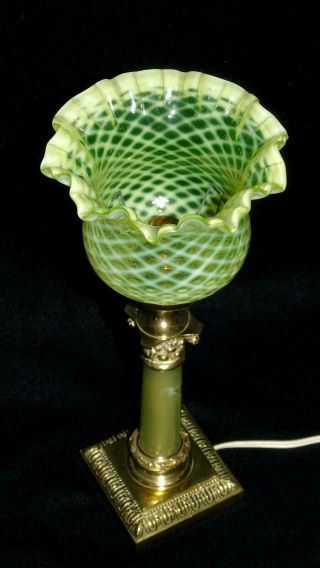 Louis XVI gilt BRONZE ONYX Corinthian Table LAMP w.  OPALINE VASELINE Glass SHADE 3