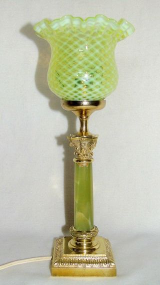 Louis XVI gilt BRONZE ONYX Corinthian Table LAMP w.  OPALINE VASELINE Glass SHADE 4