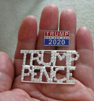 2 Great Trump Pins - Large Sparkling Rhinestone Trump Pence Pin & Trump 2020 Pin
