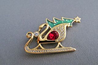 Swarovski Crystal Christmas Swan Sleigh Green Enamel Red Rhinestone Pin Brooch