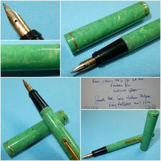 C 1929 Onoto De La Rue Fountain Pen Viridine Green - 14k Med Oblique Restored