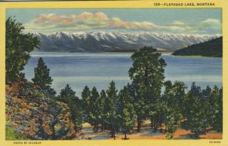 Flathead Lake Montana Mt 2nd Largest Body Of Fresh Water Usa Linen Postcard D19