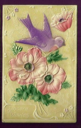 Greetings Heavily Embossed Airbrushed Postcard/bird/wild Roses/ Designs In Bkgrd