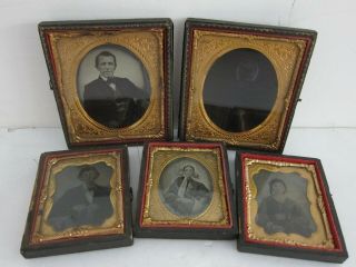 Set Of 5 Antique Late 1800s Victorian Portrait Tintype Photographs 3x3.  5 & 2.  5x3