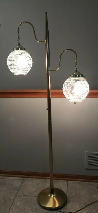 Vtg Floor Pole Lamp With 2 Cleqr Atomic Star Hanging Globes