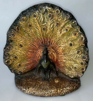 Vintage Hubley Peacock Bird Cast Iron Doorstop Color